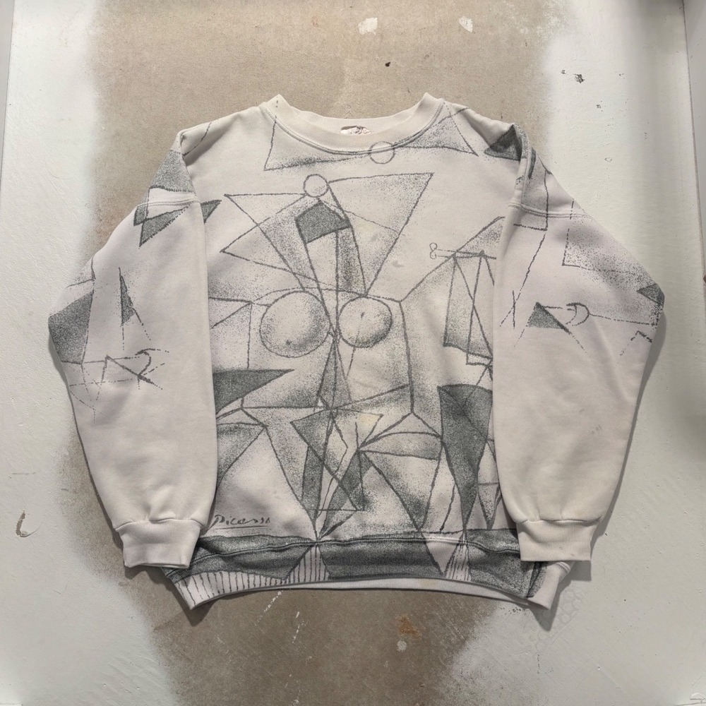 Vintage Pablo Picasso All Over Print Sweatshirt Rare Cubist Art White Grey Mens